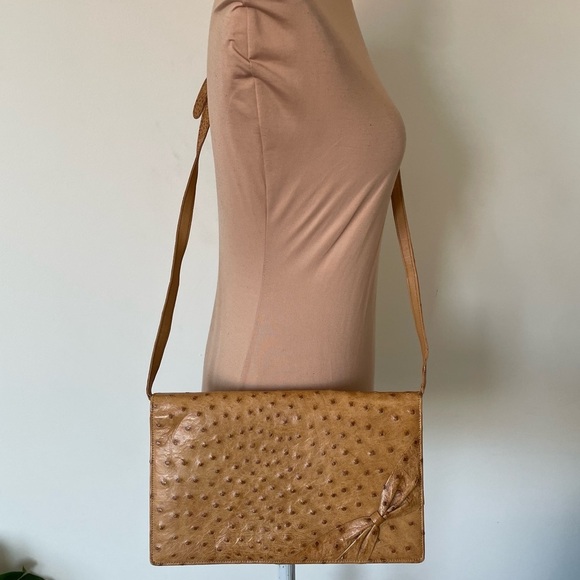 Cape Cobra Brown Ostrich Leather Rectangular Bow Accent Vintage Crossbody Bag - Picture 2 of 12